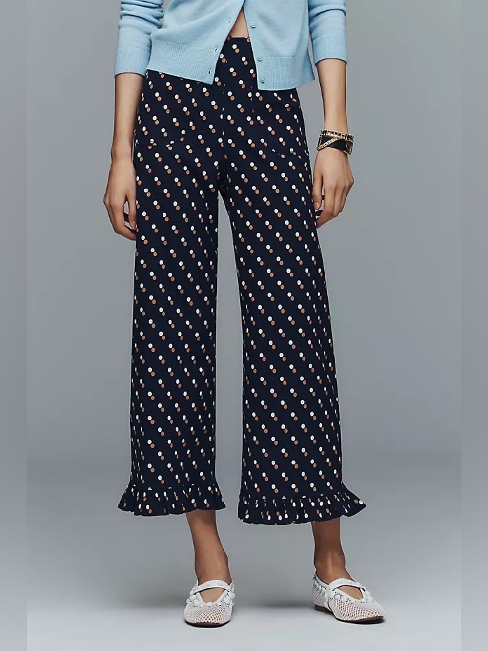 Anthropologie Maeve Colette Magic Fabric Ruffle Hem Crop Wide Leg Pants blue